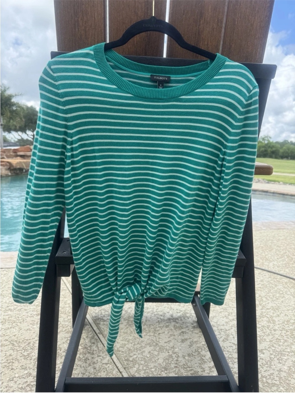 Talbots Teal and White Striped Tie-Front Sweater Top